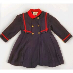 Vintage Rothschild Girls Wool Pea Coat USA Union Made Size 5 Blue Red Christmas